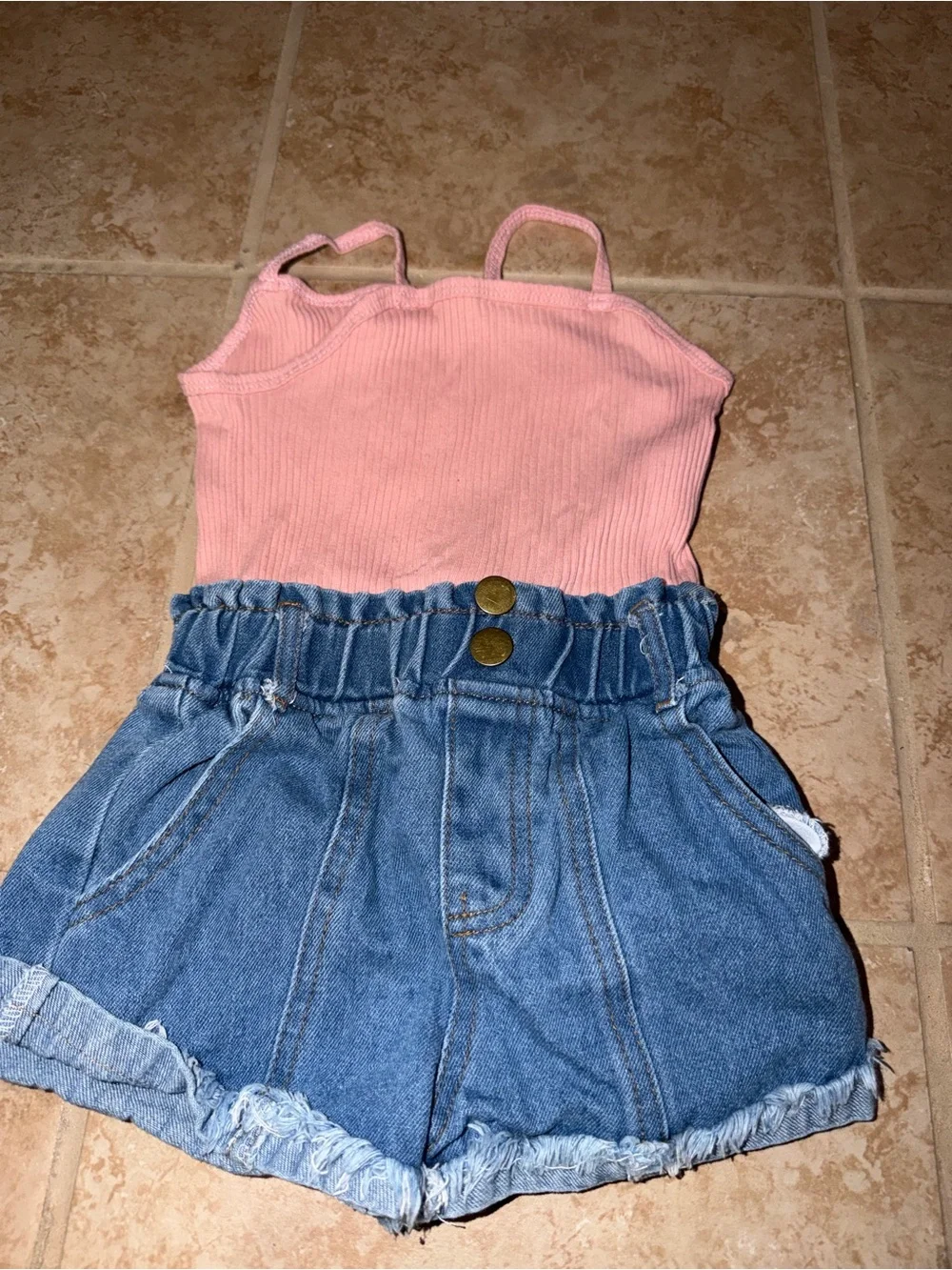 SHEIN Pink Ribbed Tank Top with Blue Denim Paperbag Shorts - Kids